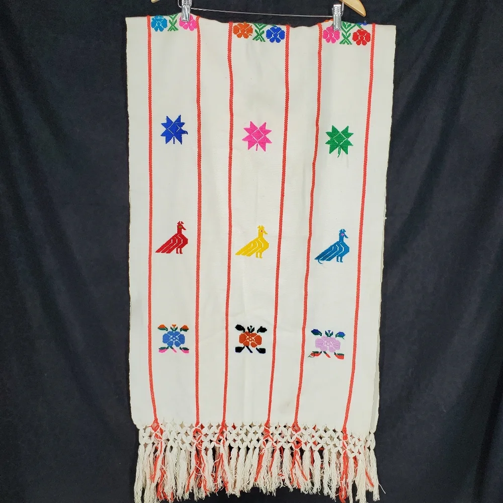 Hand Embroidered Table Runner Aztec Western Mexican Style Fringe Colorful